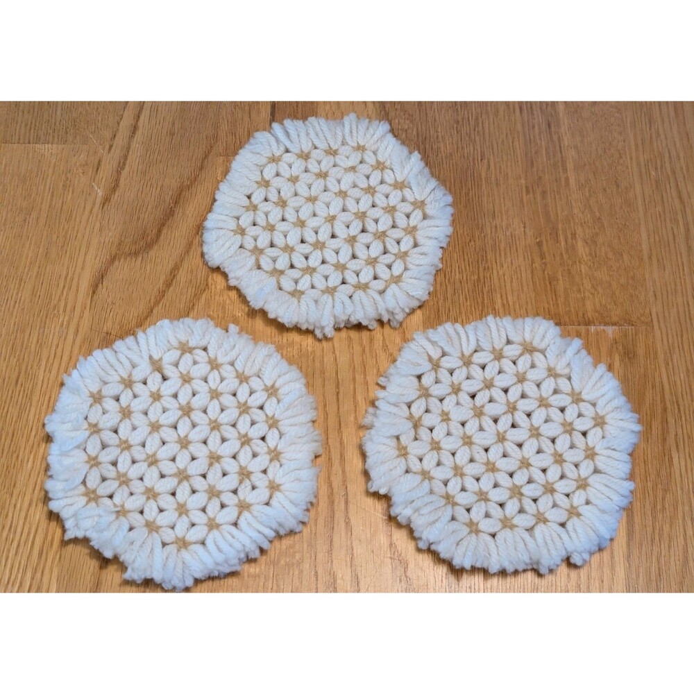 Vintage Yarn Star Coasters Hot Pad Country Cottagecore Daisy Loom 5" Lot Of 3
